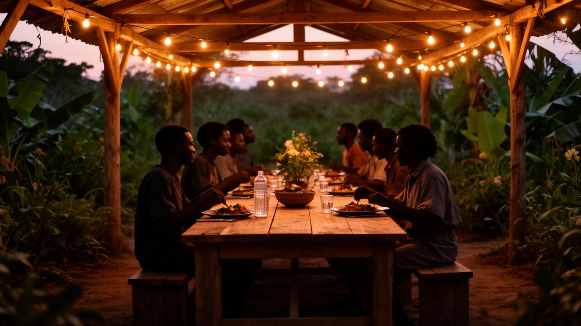 Communal farm relaxation area at dusk with string lights